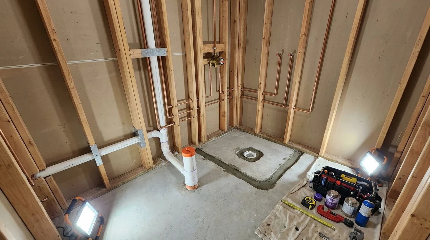 Bathroom rough-in plumbing during remodel by Johns Plumbing LLC in Cobleskill