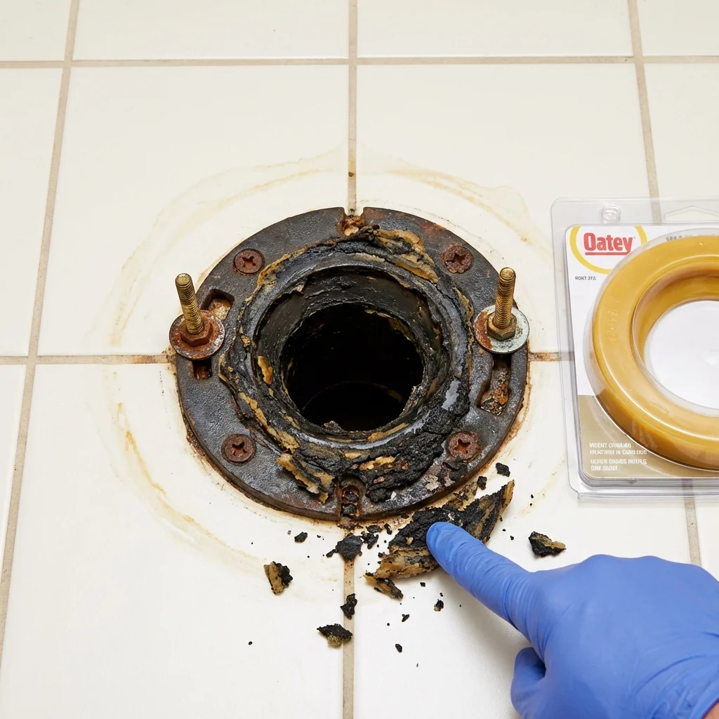 Failed wax ring showing water seepage at the base of a toilet in a Cobleskill, NY home